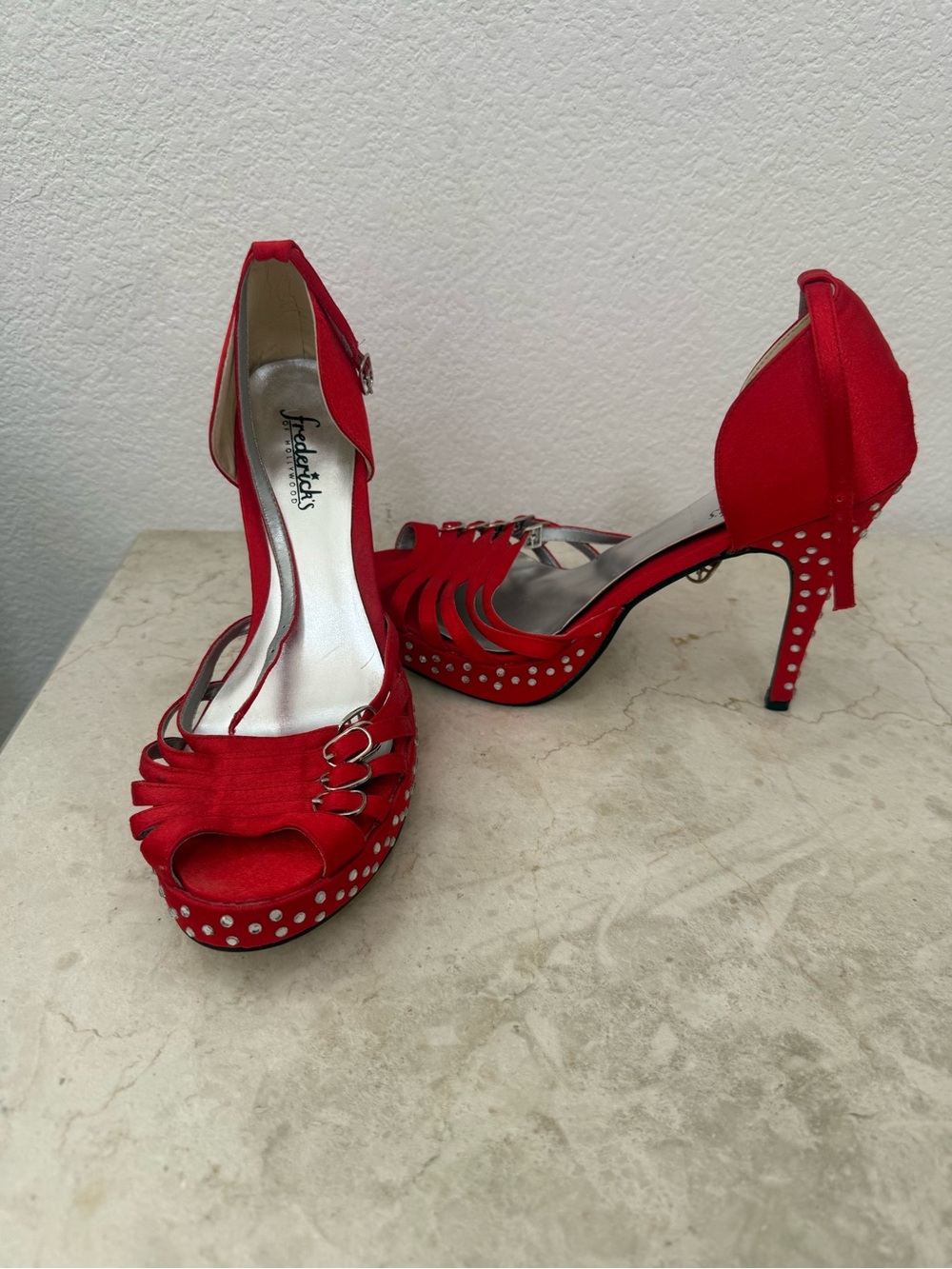 Red Satin Peep-Toe Heels with Rhinestone Accents - Frederick’s of Hollywood - 8M